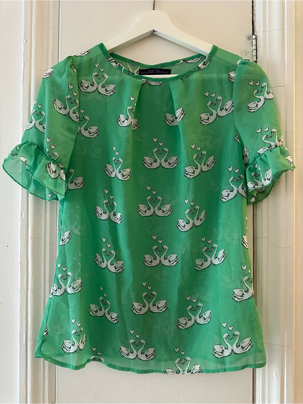 Green Swan Print Puff Sleeve Blouse XS